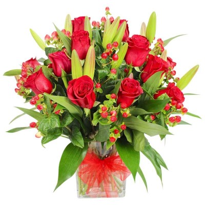Florero de 12 Rosas y Liliums Rojos con Hipéricos