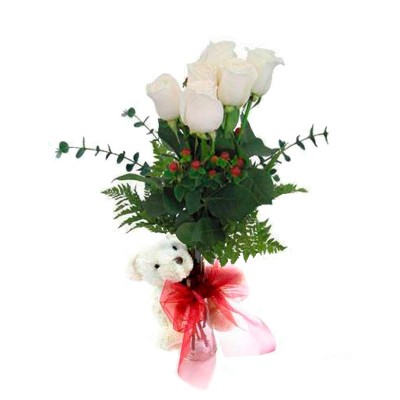 Florero 6 Rosas Blancas + Peluche