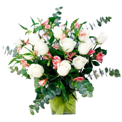 Florero 12 Rosas Blancas con Astromelias