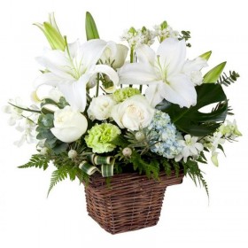 Flores para Condolencias Mini con Liliums y Rosas Blancas