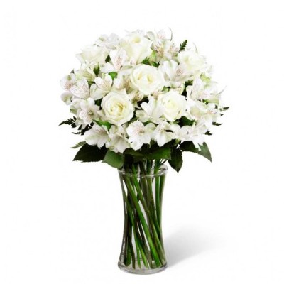 Flores Condolencias Florero Astromelias y 8 Rosas Blancas