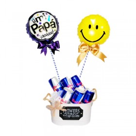 Cubeta con 6 Energéticas Red Bull y 2 Globos para el Día del padre