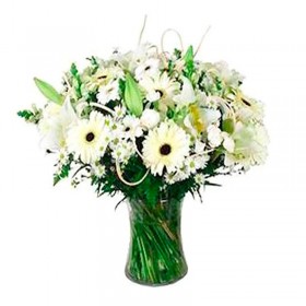 Flores Condolencias Florero de Gerberas y Liliums Blancos
