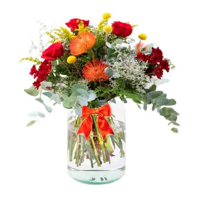 Florero con 5 Rosas Rojas flores Rústicas Eucalipto y flores mix