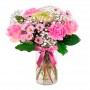 Florero Rústico con Claveles Rosados 6 Rosas rosadas Astromelias Limonios y Flores Silvestres