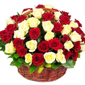 Canastillo de Condolencias Grande Redondo 50 Rosas Blancas y Rojas