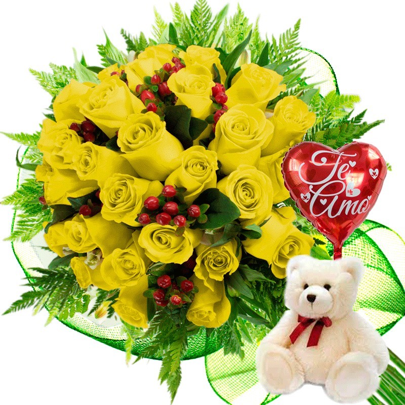Oferta Ramo de 24 Rosas Amarillas globo y Peluche