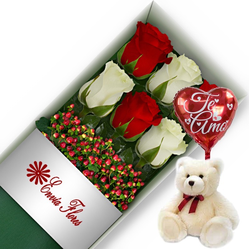 Oferta Caja de 6 Rosas Blancas y Rojas más Peluche y Globo