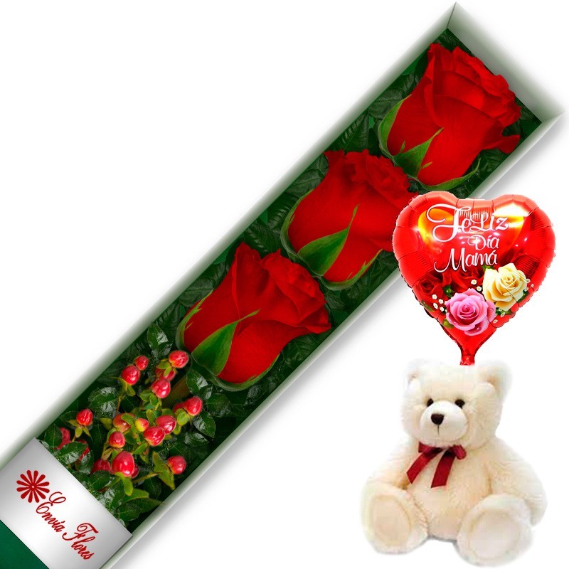 Caja De 3 Rosas Rojas Más Globo Día De La Madre Y Peluche