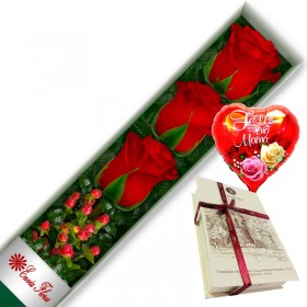 CAJA DE 3 ROSAS ROJAS MÁS GLOBO DÍA DE LA MADRE Y CHOCOLATE