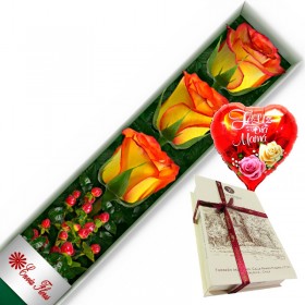 CAJA DE 3 ROSAS CIRCUS MÁS GLOBO DÍA DE LA MADRE Y CHOCOLATE